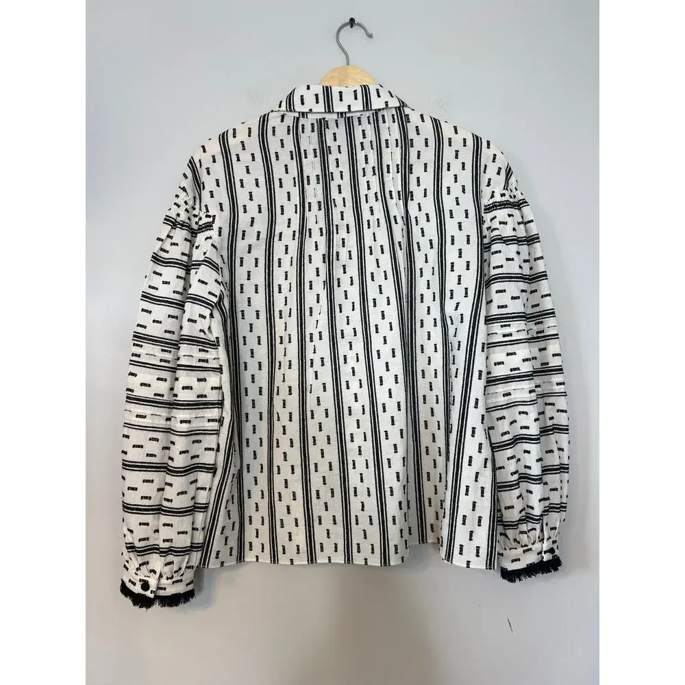 NEW Hunter Bell Ezra Long Sleeves Collared Dot Fringe Button Top in White/Black - Picture 6 of 7